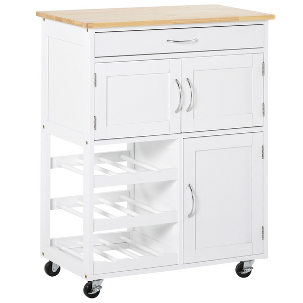 HOMCOM Modern Kitchen Trolley, Rolling Island Storage Cart with Drawer, 9-bottle Wine Rack, Door Cabinets, Wooden Countertop, White