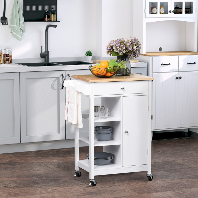 HOMCOM Kitchen Trolley, Kitchen Island on Wheels, w/ Wood Top, 3 Shelves and Storage Cupboard, White