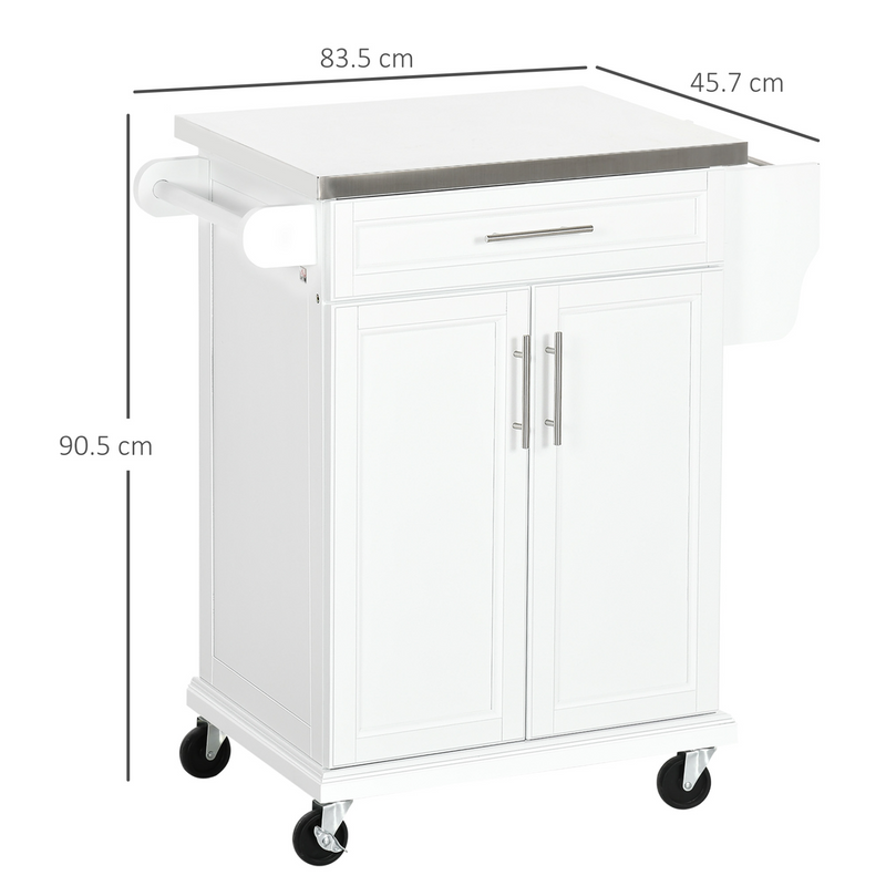 HOMCOM Wooden Kitchen Island on Wheels, Serving Cart Storage Trolley with Stainless Steel Top, Drawer, Side Handle and Rack, White