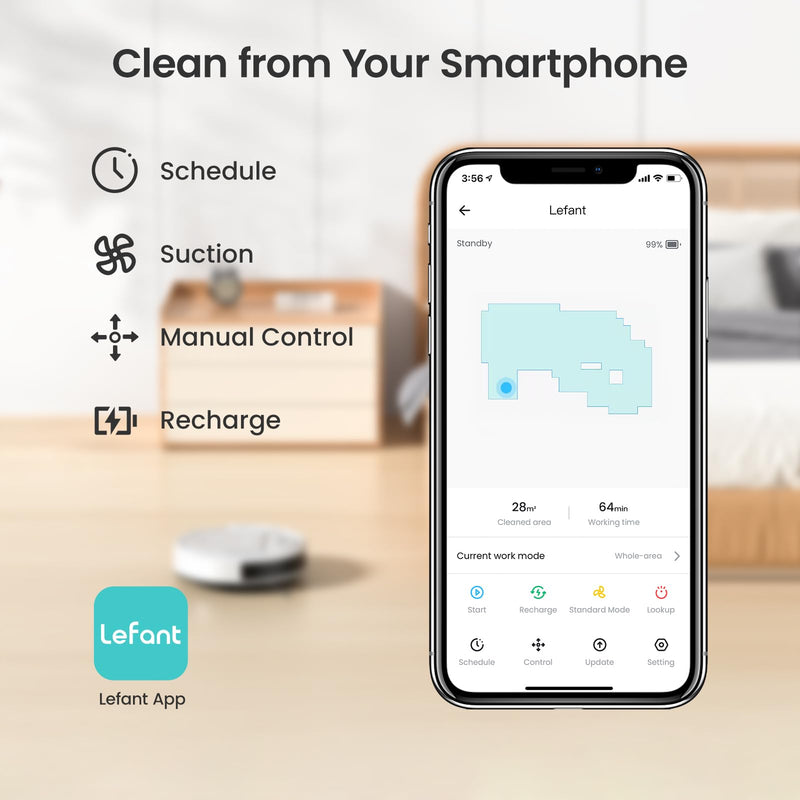 Lefant M210 Robot Vacuum Cleaner, 2200Pa Suction, Thin Design, Wi-Fi/App Control, Ideal for Pet Hair & Carpets