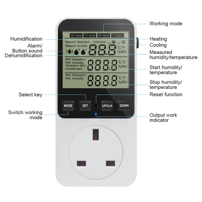 KETOTEK Digital Humidity Controller Plug Humidistat/Thermostat Outlet 230V with Alarm for Humidifier Dehumidifier Reptile Terrariums